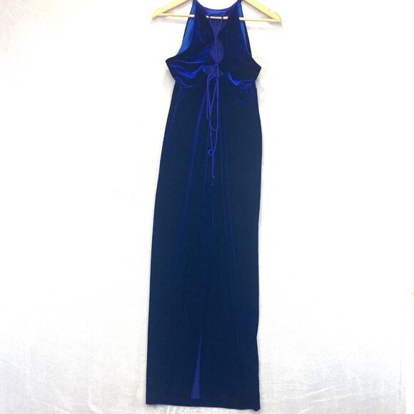 Vintage Niki Livas Blue Velvet Maxi Gown Dress Size 8 Lace Up Back Stretch Prom - Picture 2 of 16